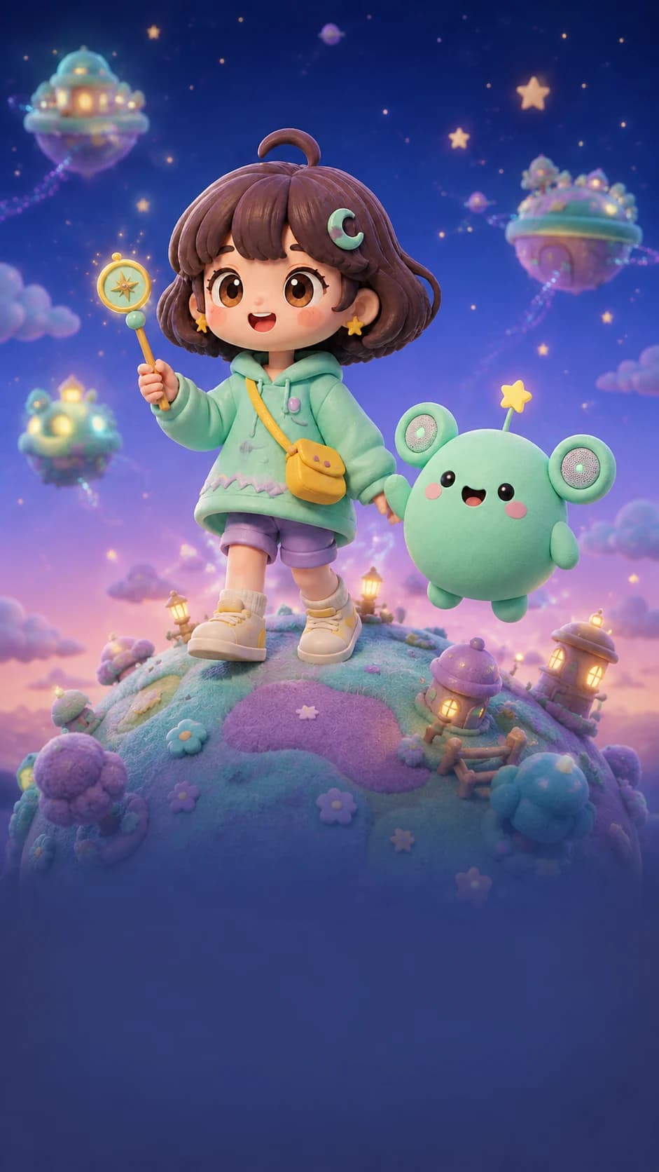 Byeori holding the Starlight Compass and Echo Bean with speaker ears walking together across a tiny play planet