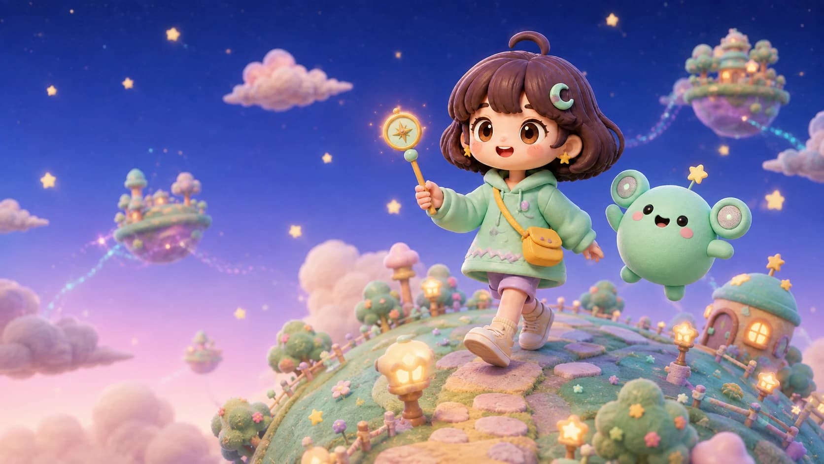 Byeori holding the Starlight Compass and Echo Bean with speaker ears walking together across a tiny play planet