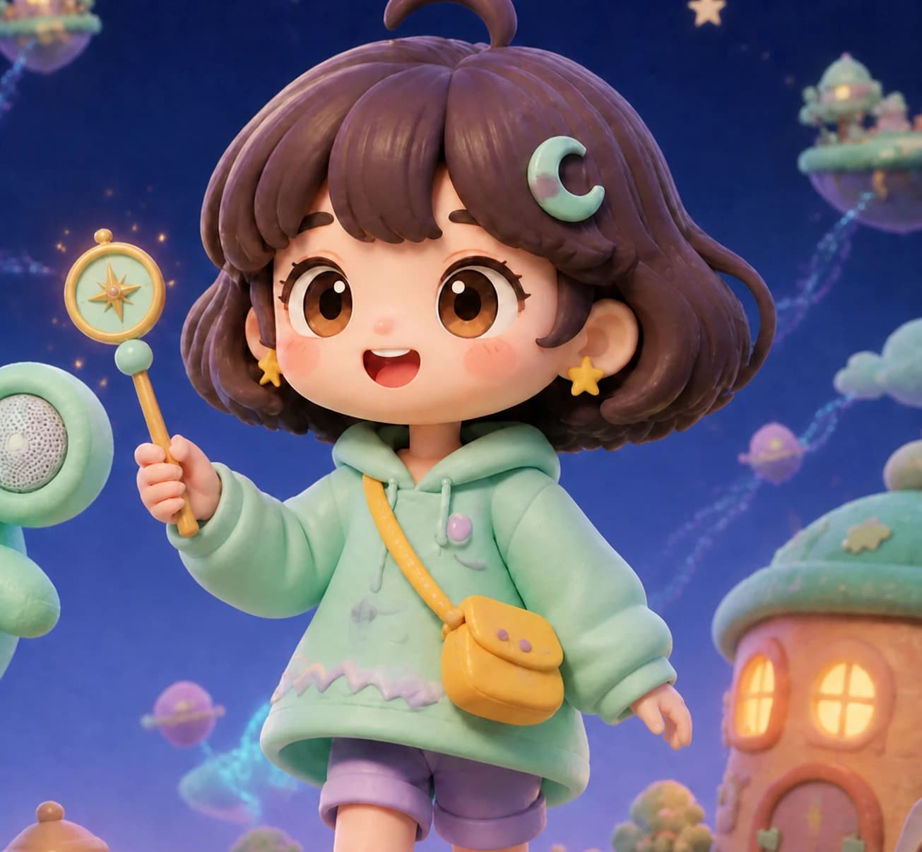 Byeori in a mint cape hoodie holding her round Starlight Compass