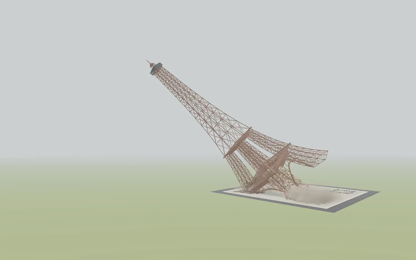 The Eiffel Tower toppling sideways in a cloud of dust after one leg is cut