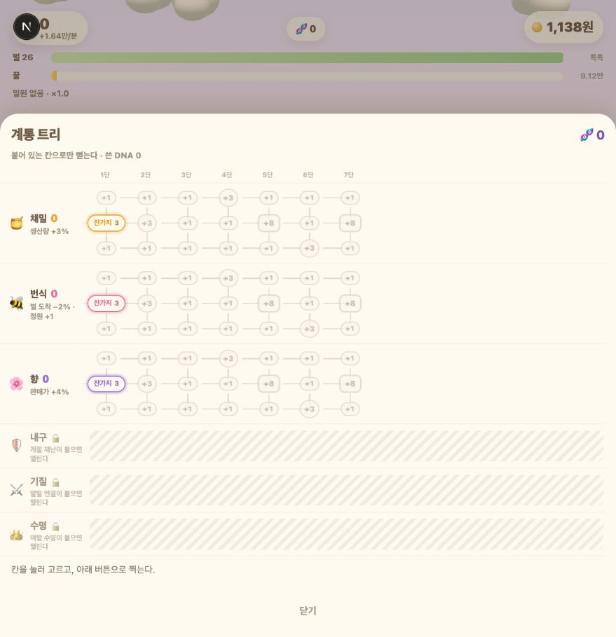 여왕벌 계통과 성장 항목이 가지처럼 이어진 꿀빛꿈 연구 화면